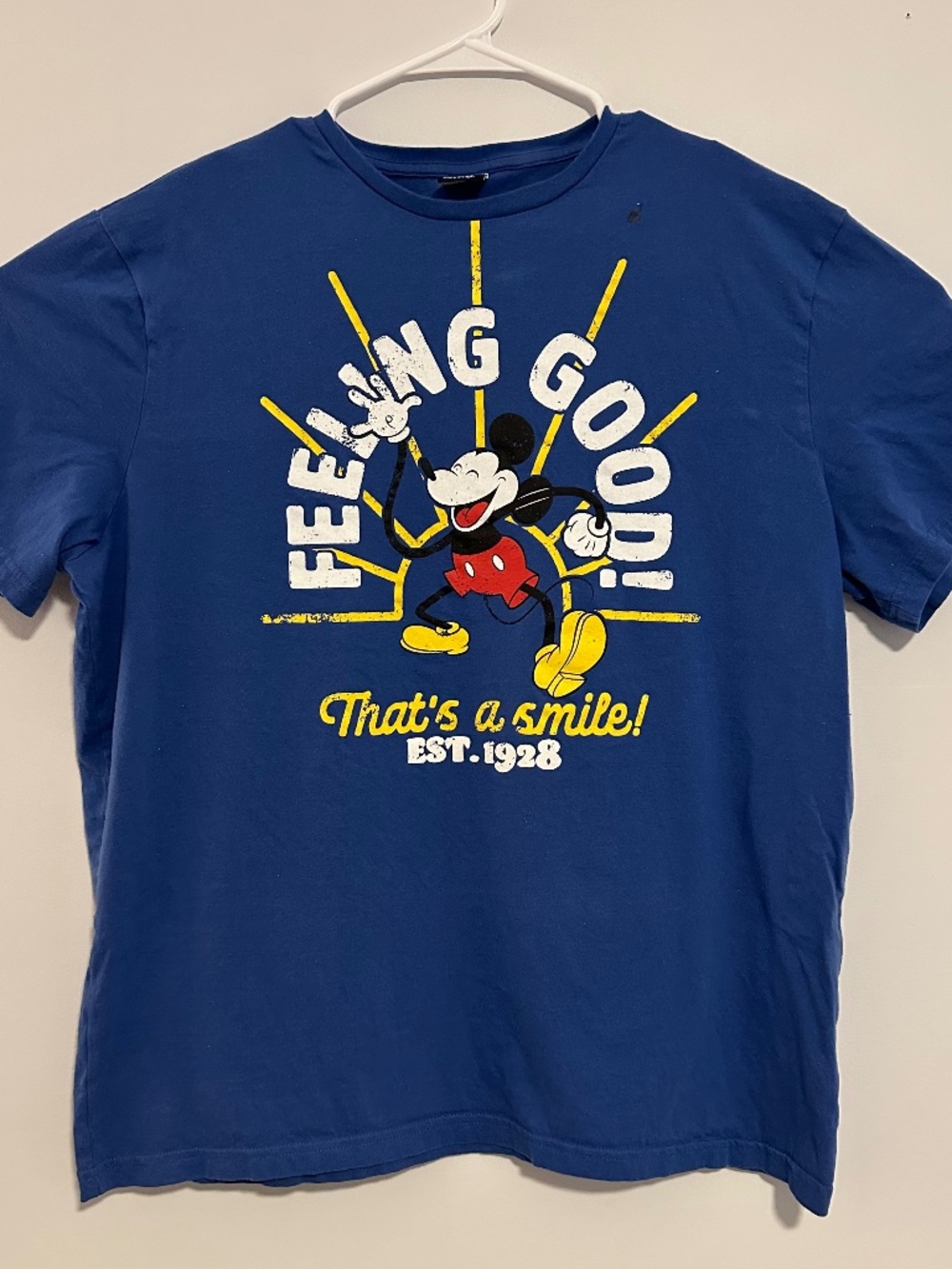 Mickey Mouse feeling Good Smile Graphic Print T-Shirt XL Blue Y2K Short Sleeve